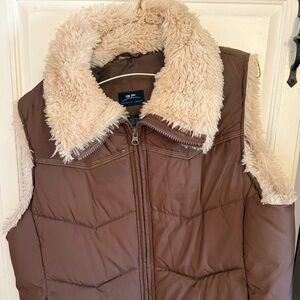 Brown Puffer Vest with Cream Faux Fur Collar